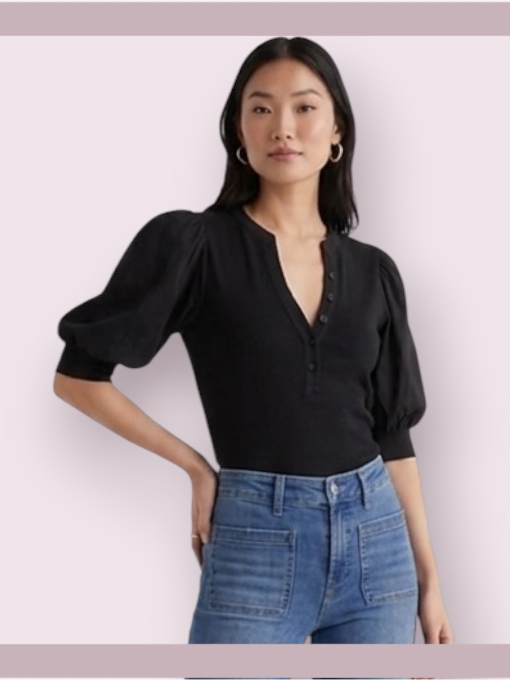Ribbed V-Neck Poplin Puff Sleeve Henley Tee
